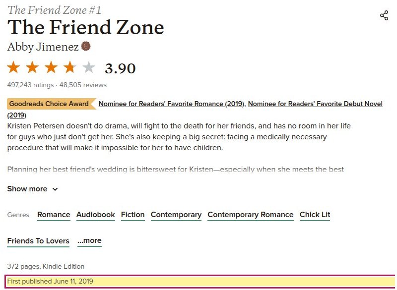 The Friend Zone's Goodreads page with its first published date